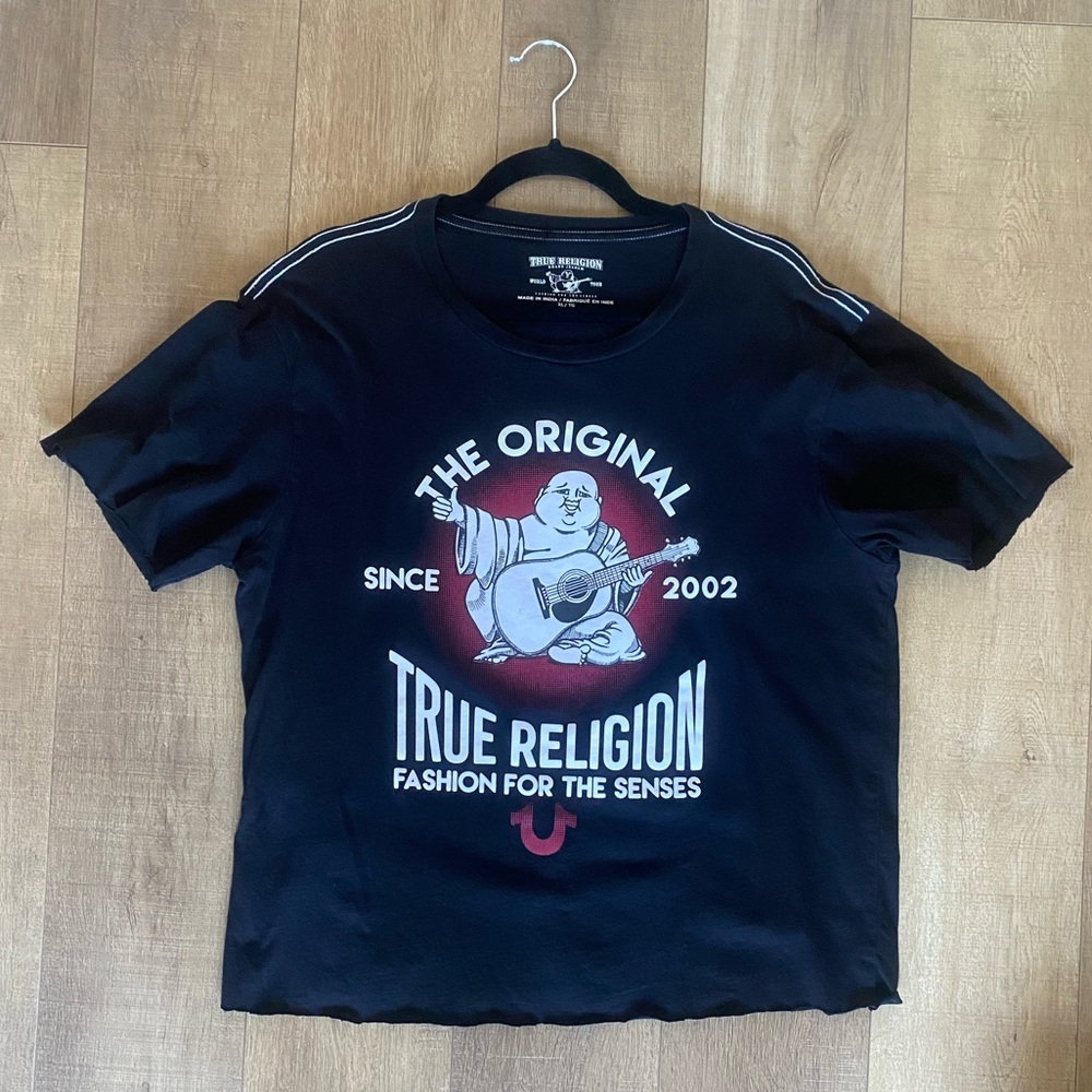 Mens Black True Religion Graphic T-Shirt With Raw Hem And Sleeves
